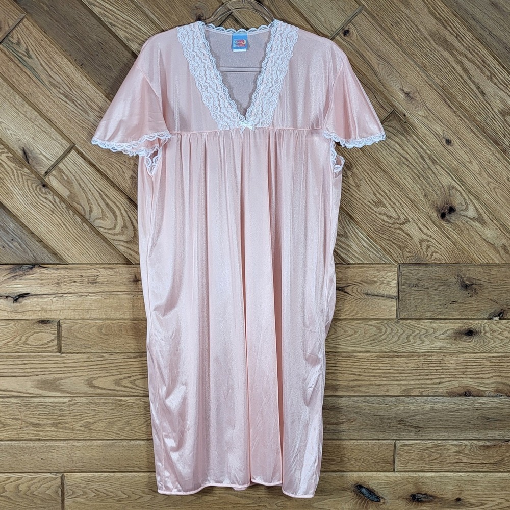 Haband Moon Beams Nightgown Women 1X/XL Lace Trim Silky Nylon Light Orange